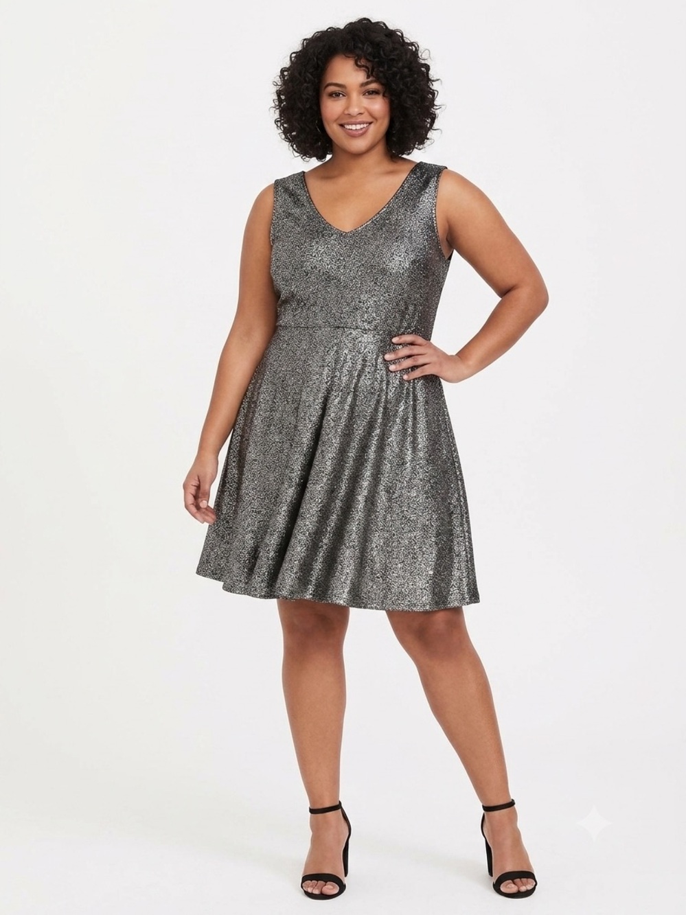 torrid Metallic Silver V‑Neck Fit & Flare Mini Dress
